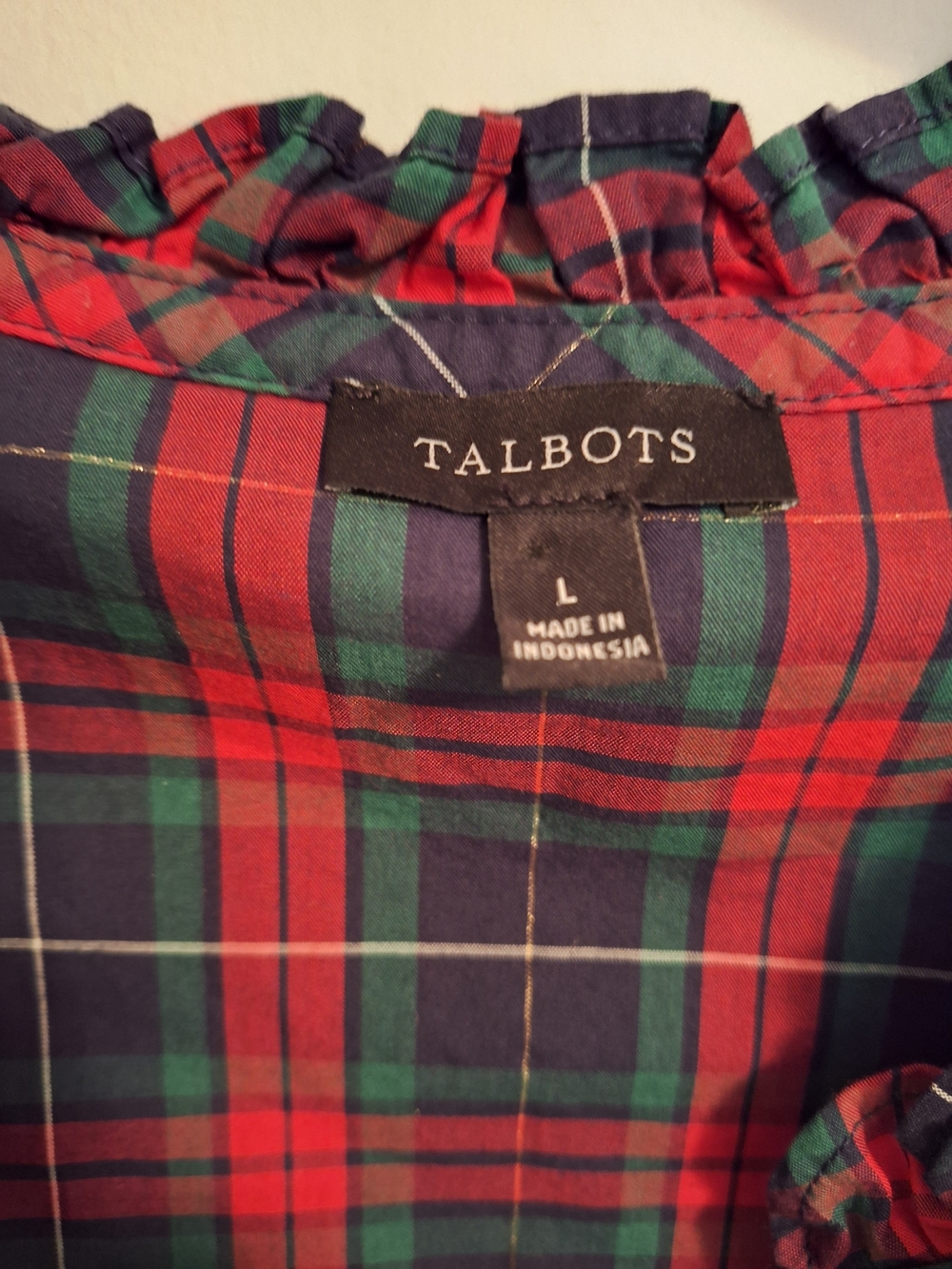 Talbots Red and Green Plaid Ruffle-Neck Tunic - Picture 3 of 5
